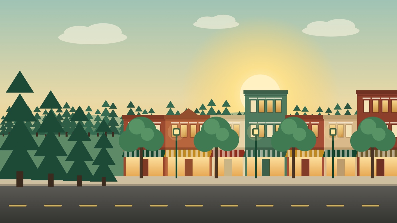 Illustration of a small-town main street with brick storefronts, tall pines and a golden sky